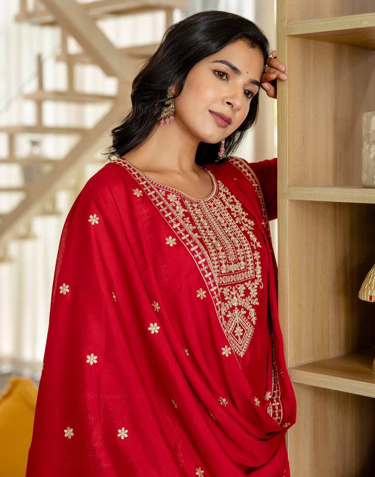 Silk Straight Embroidery Round Neck Kurta with Pant & Dupatta