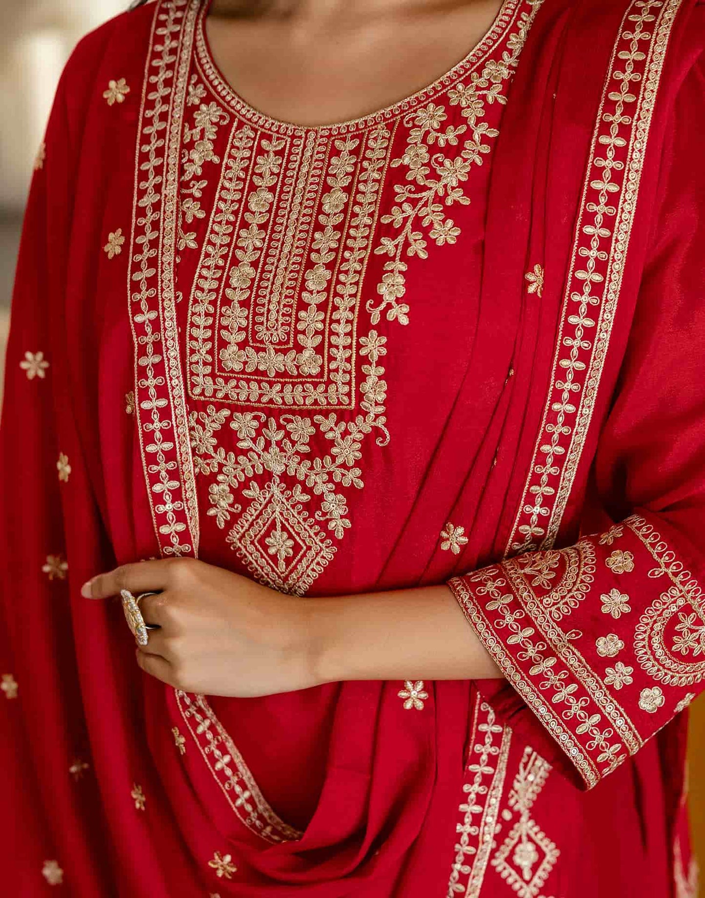 Silk Straight Embroidery Round Neck Kurta with Pant & Dupatta