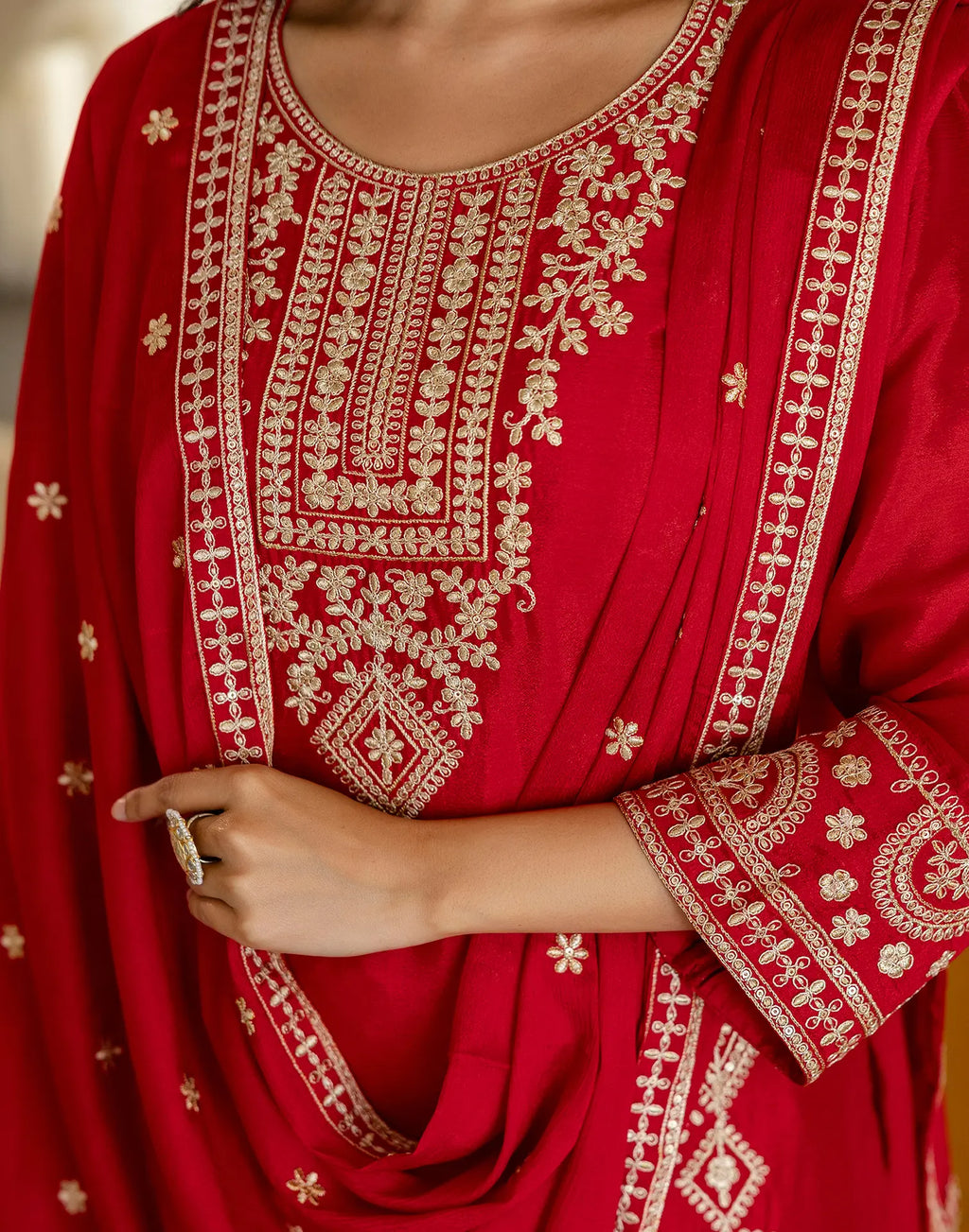 Silk Embroidered Straight 3 Piece Kurta Set