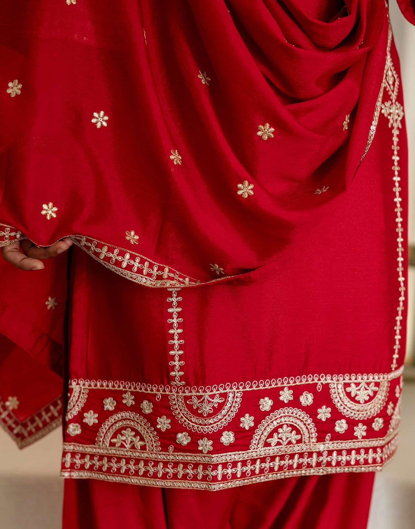 Silk Straight Embroidery Round Neck Kurta with Pant & Dupatta