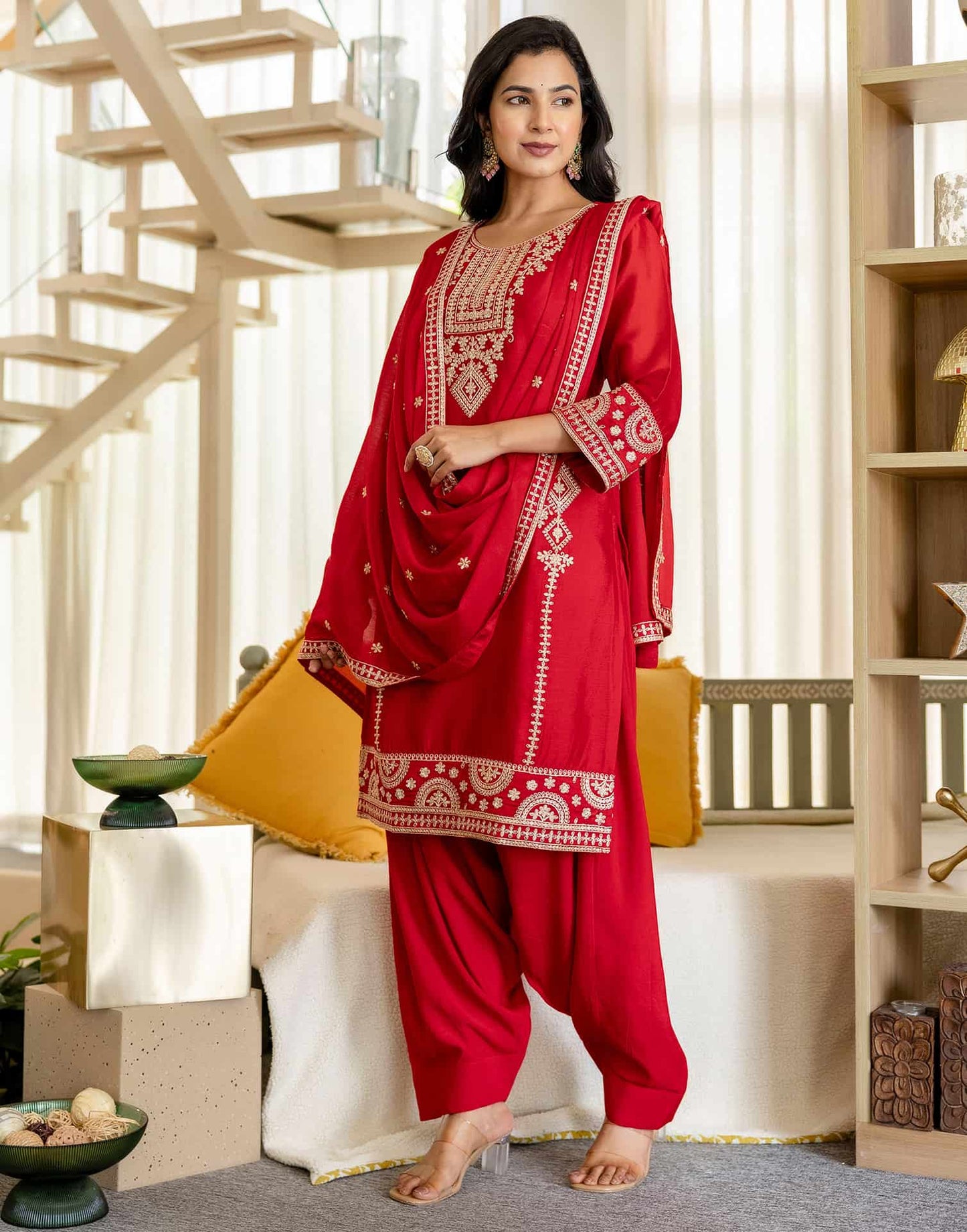 Silk Straight Embroidery Round Neck Kurta with Pant & Dupatta