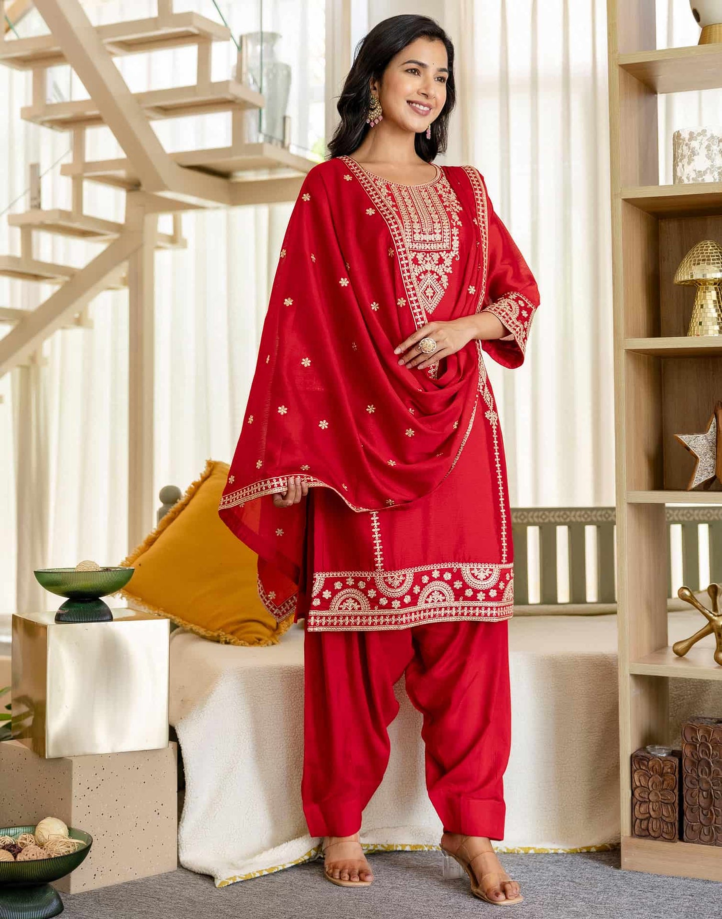 Silk Straight Embroidery Round Neck Kurta with Pant & Dupatta