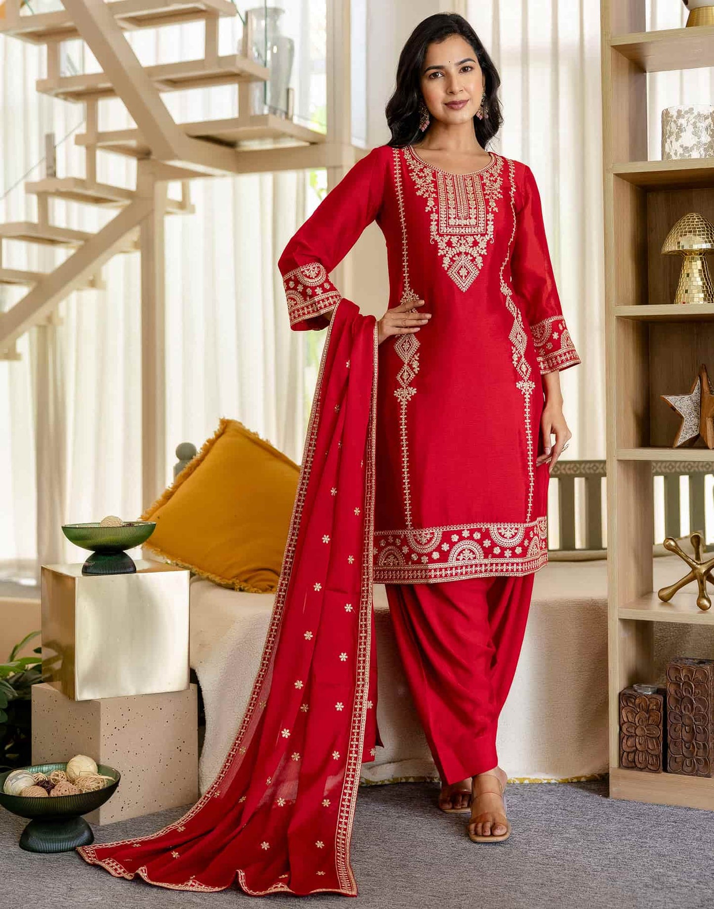 Silk Straight Embroidery Round Neck Kurta with Pant & Dupatta