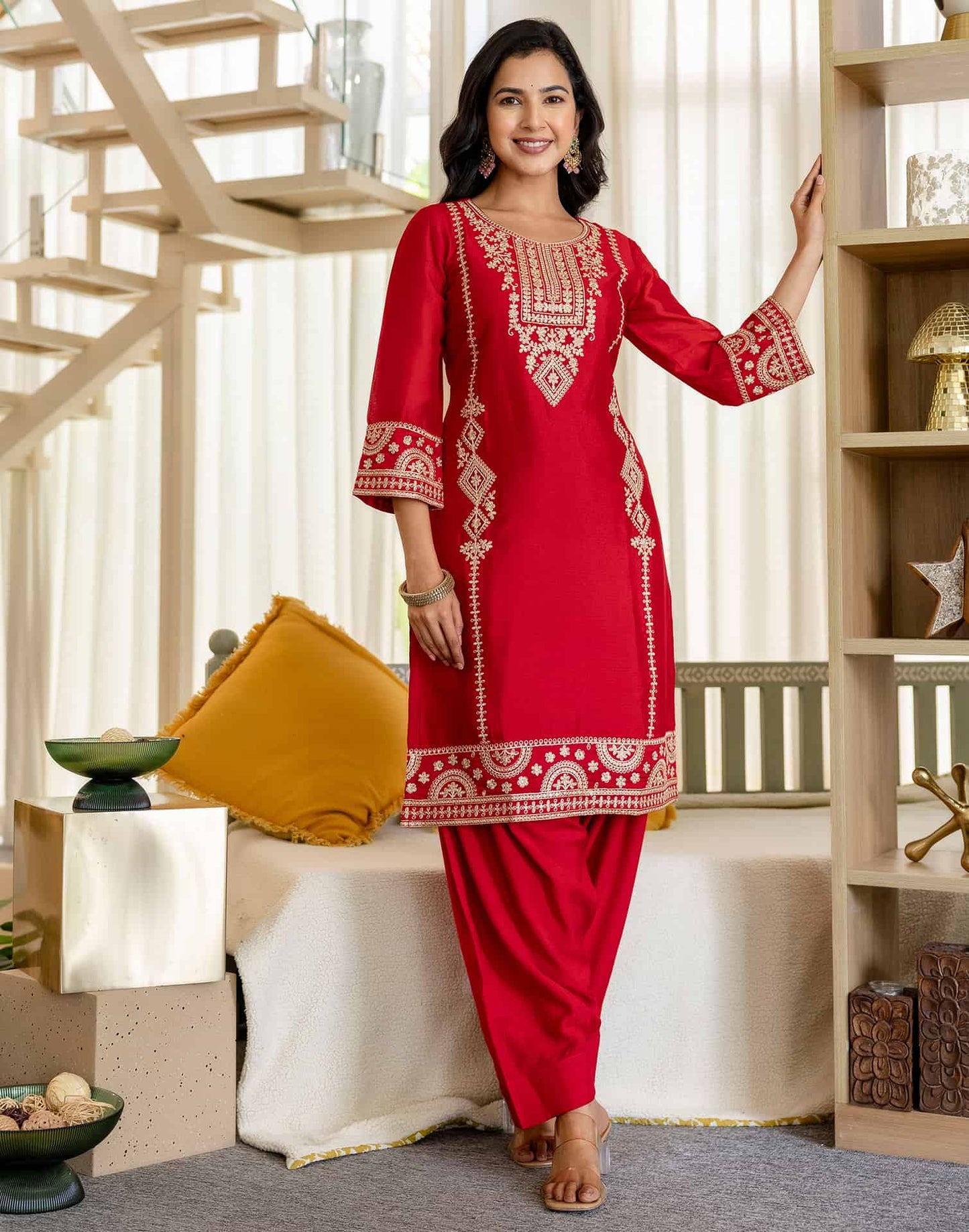 Silk Straight Embroidery Round Neck Kurta with Pant & Dupatta