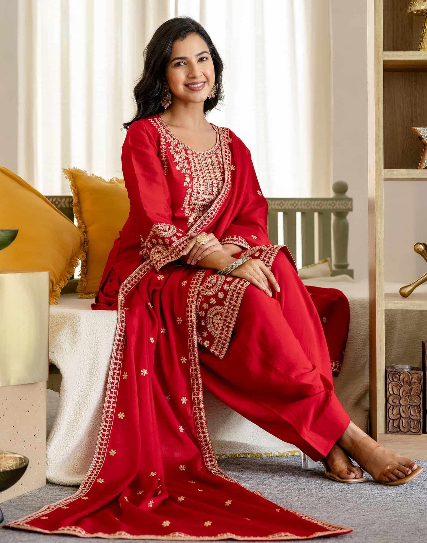 Silk Straight Embroidery Round Neck Kurta with Pant & Dupatta
