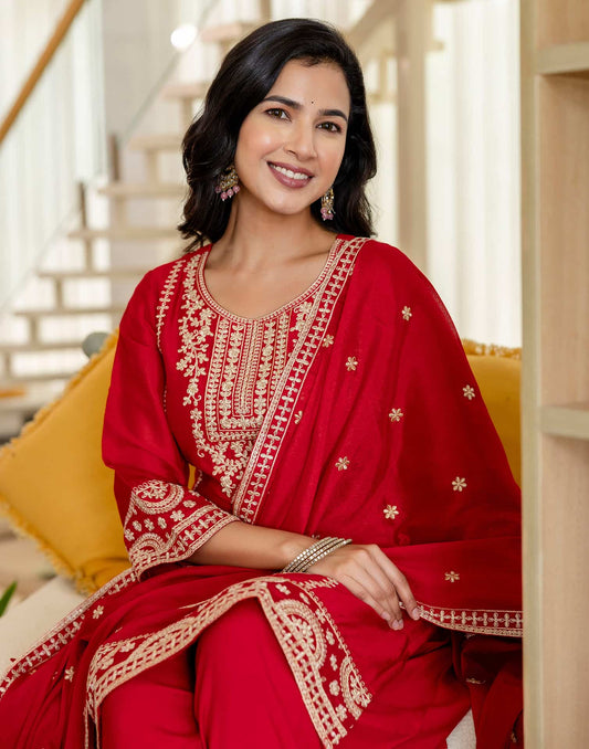 Silk Straight Embroidery Round Neck Kurta with Pant & Dupatta