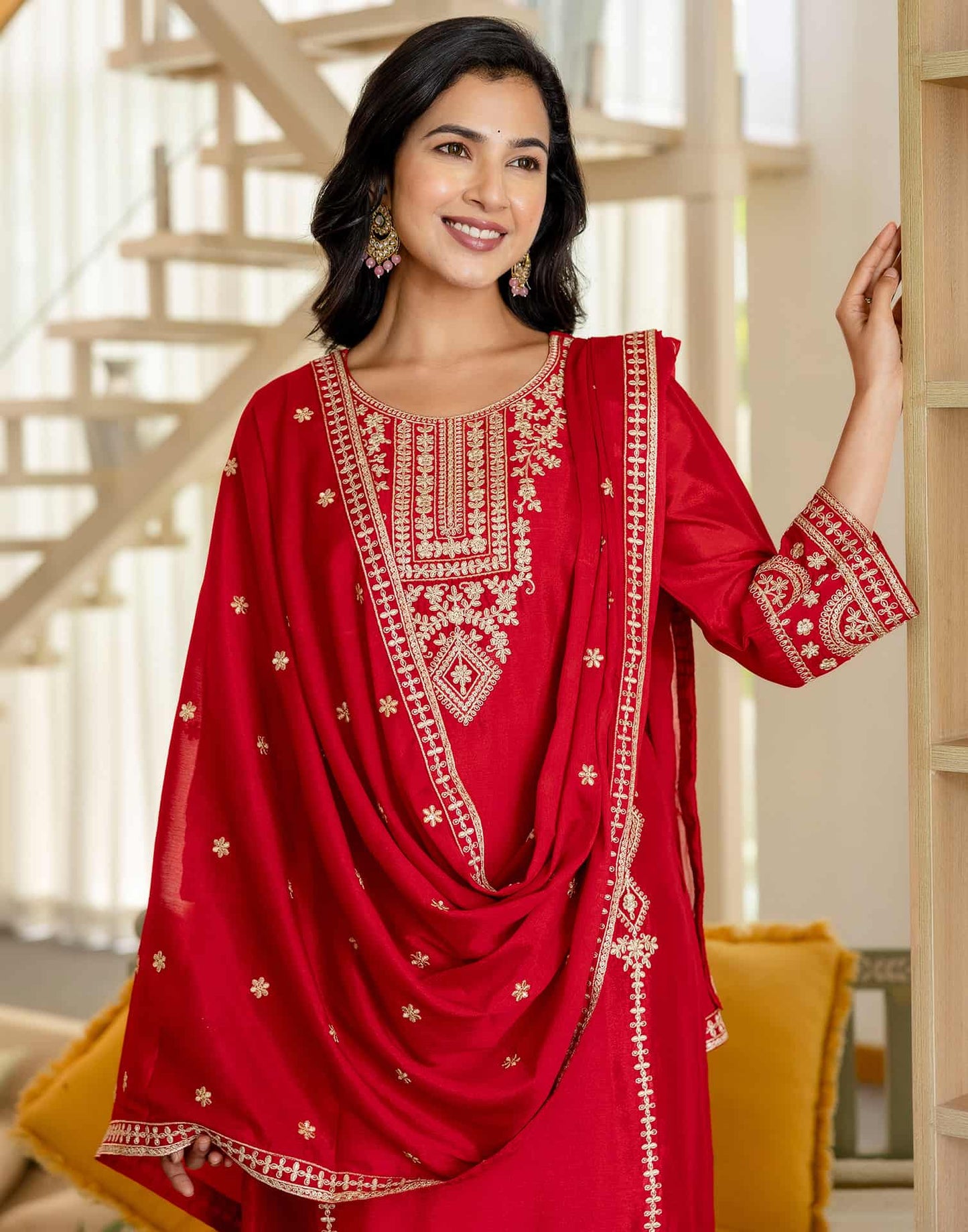 Silk Straight Embroidery Round Neck Kurta with Pant & Dupatta