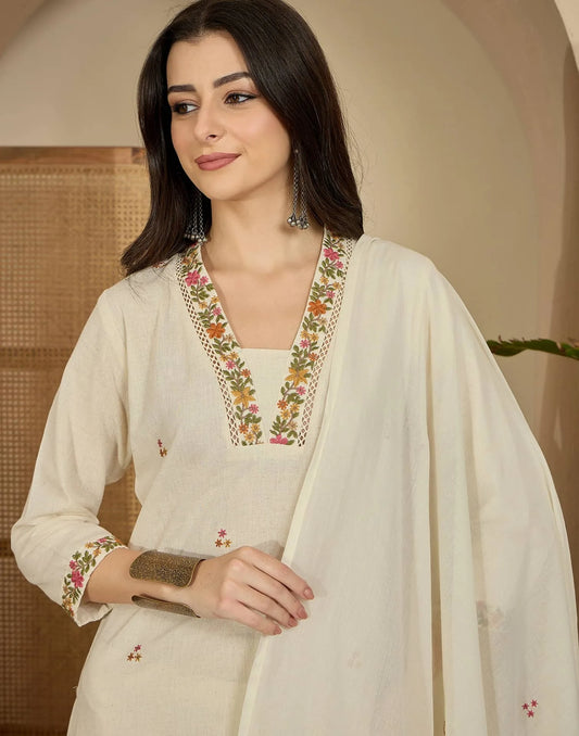 Cotton Flex Straight Embroidery Square Neck Kurta with Pant & Dupatta