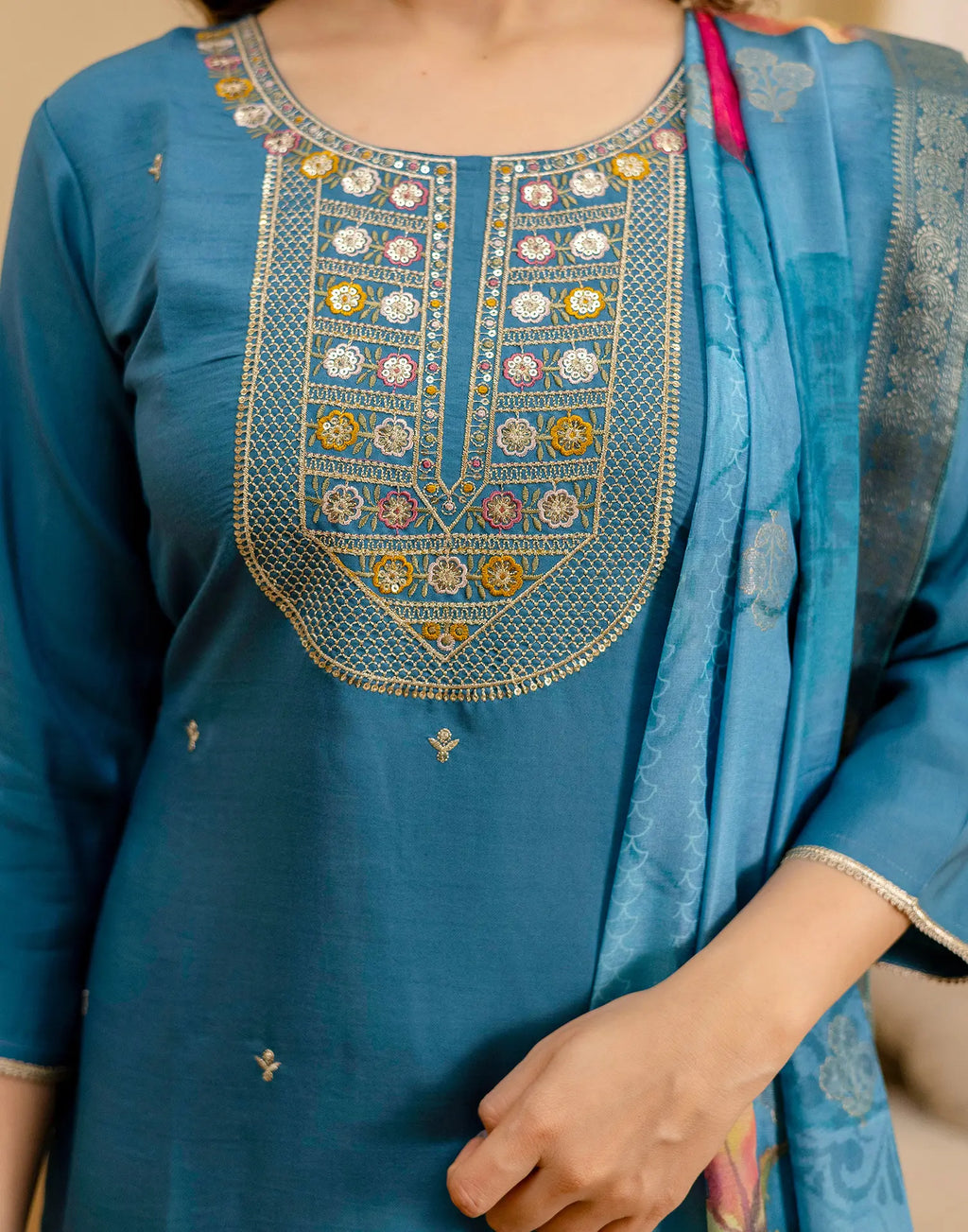 Silk Blend Embroidered Straight 3 Piece Kurta Set