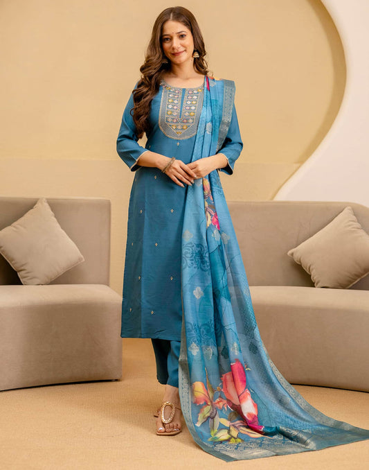 Silk Embroidered Straight Kurta with Pant & Dupatta