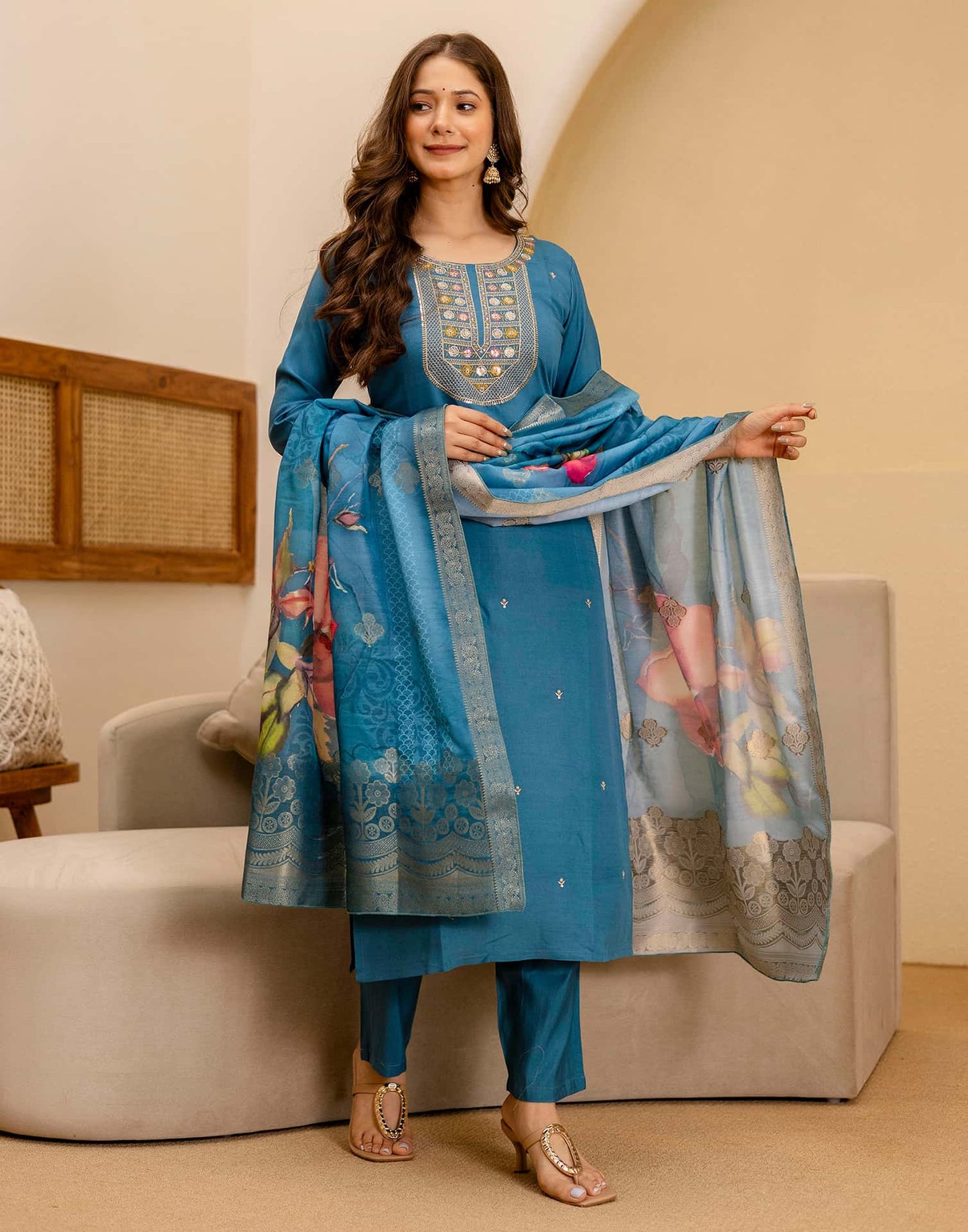 Silk Embroidered Straight Kurta with Pant & Dupatta