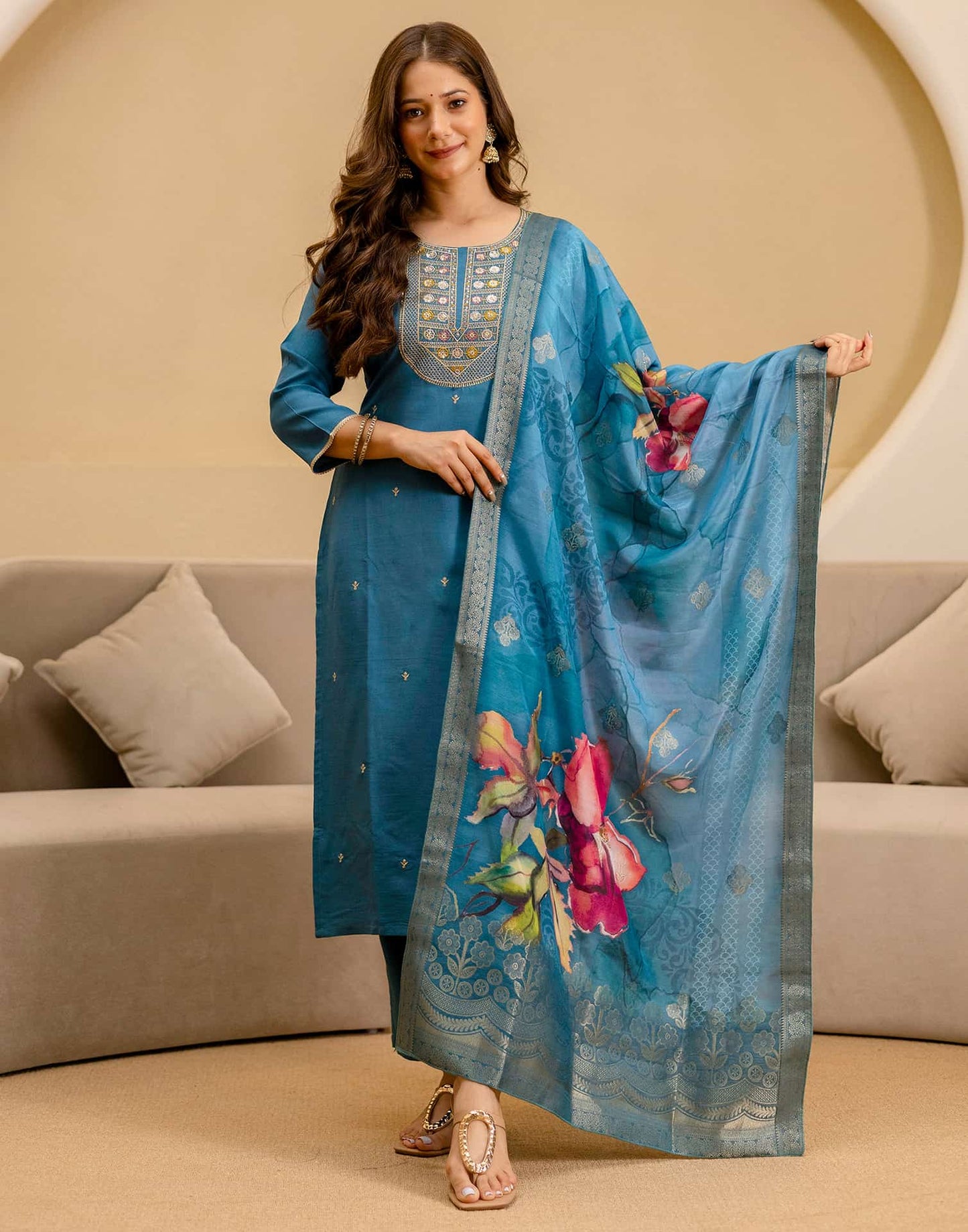 Silk Embroidered Straight Kurta with Pant & Dupatta