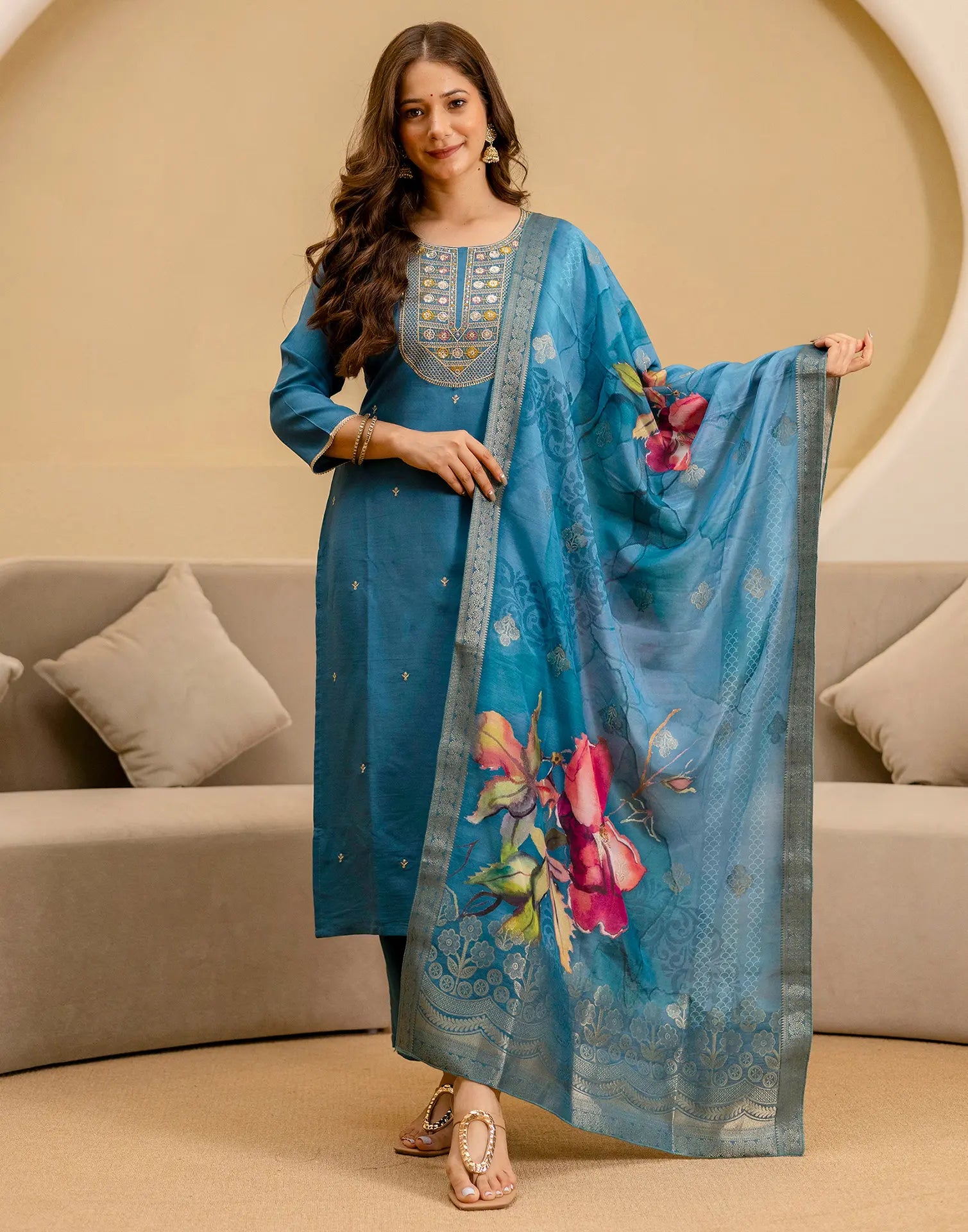 Silk Blend Embroidered Straight 3 Piece Kurta Set