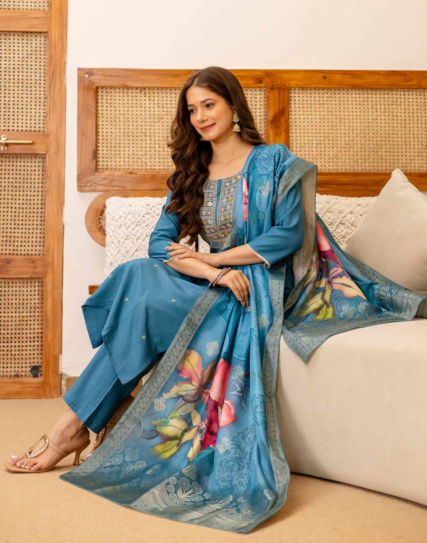 Silk Embroidered Straight Kurta with Pant & Dupatta