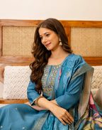 Silk Blend Embroidered Straight 3 Piece Kurta Set