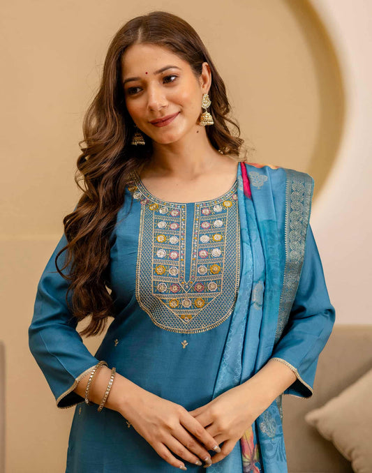 Silk Embroidered Straight Kurta with Pant & Dupatta