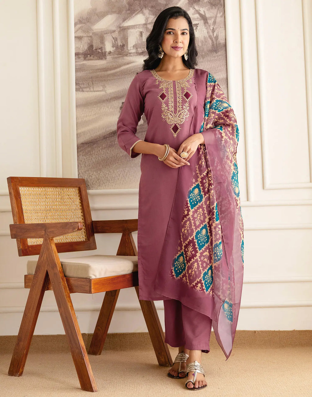 Silk Blend Embroidered Straight 3 Piece Kurta Set