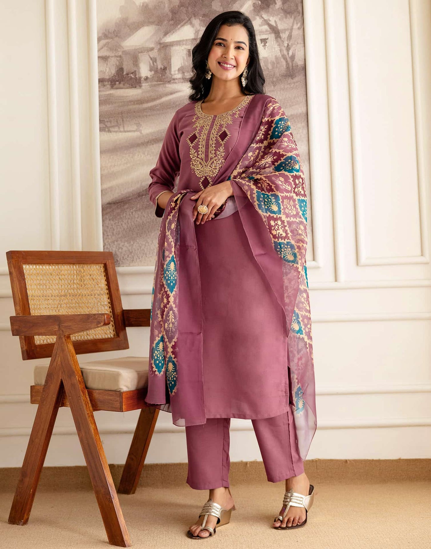 Silk Embroidered Straight Kurta with Pant & Dupatta