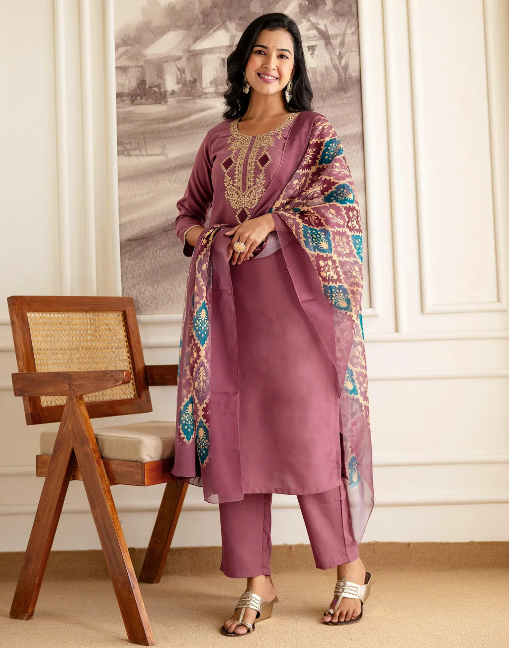 Silk Blend Embroidered Straight 3 Piece Kurta Set