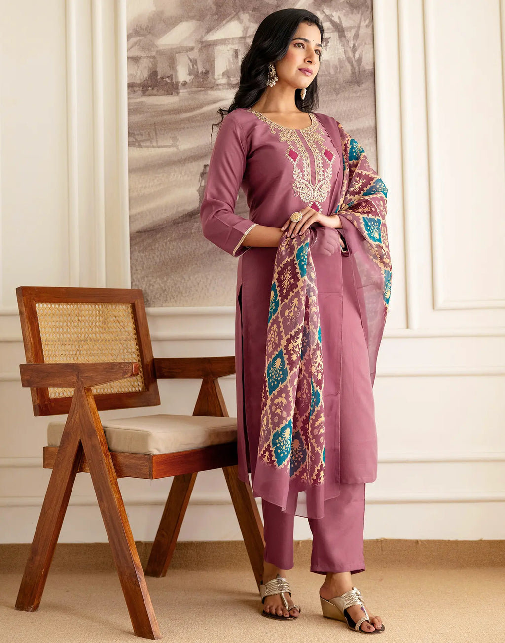 Silk Blend Embroidered Straight 3 Piece Kurta Set