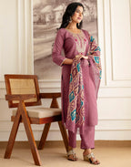 Silk Blend Embroidered Straight 3 Piece Kurta Set