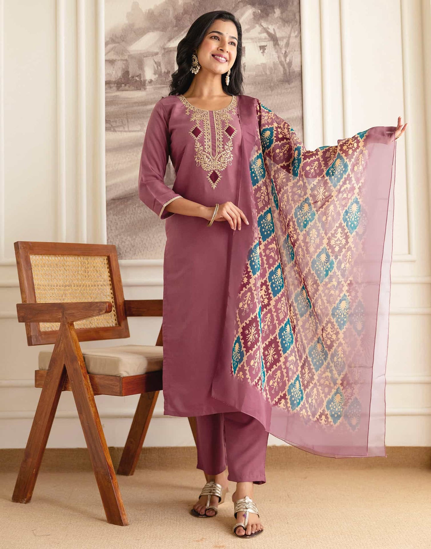 Silk Embroidered Straight Kurta with Pant & Dupatta