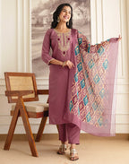 Silk Blend Embroidered Straight 3 Piece Kurta Set