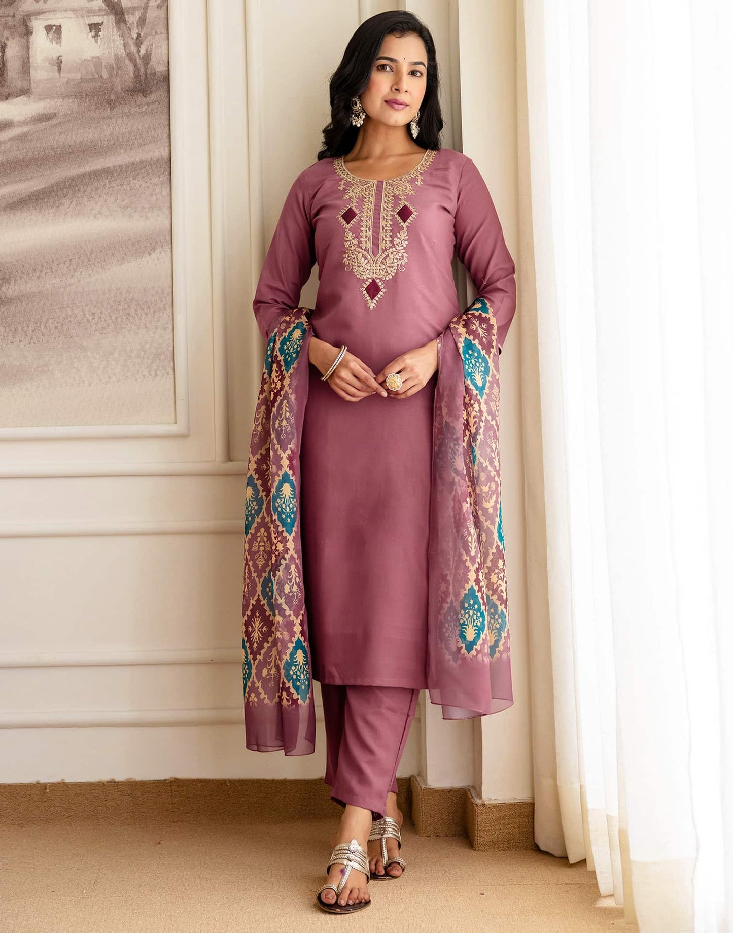 Silk Embroidered Straight Kurta with Pant & Dupatta