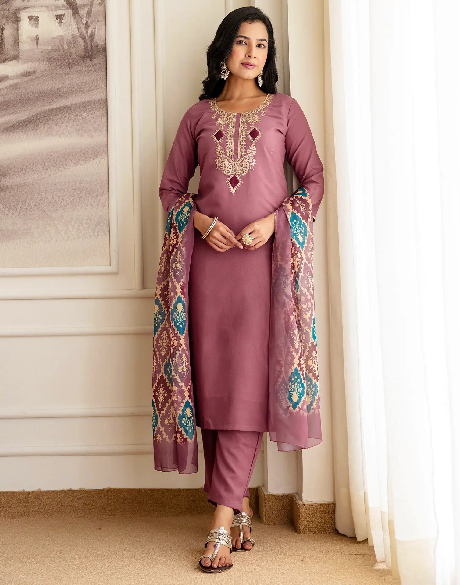 Silk Blend Embroidered Straight 3 Piece Kurta Set