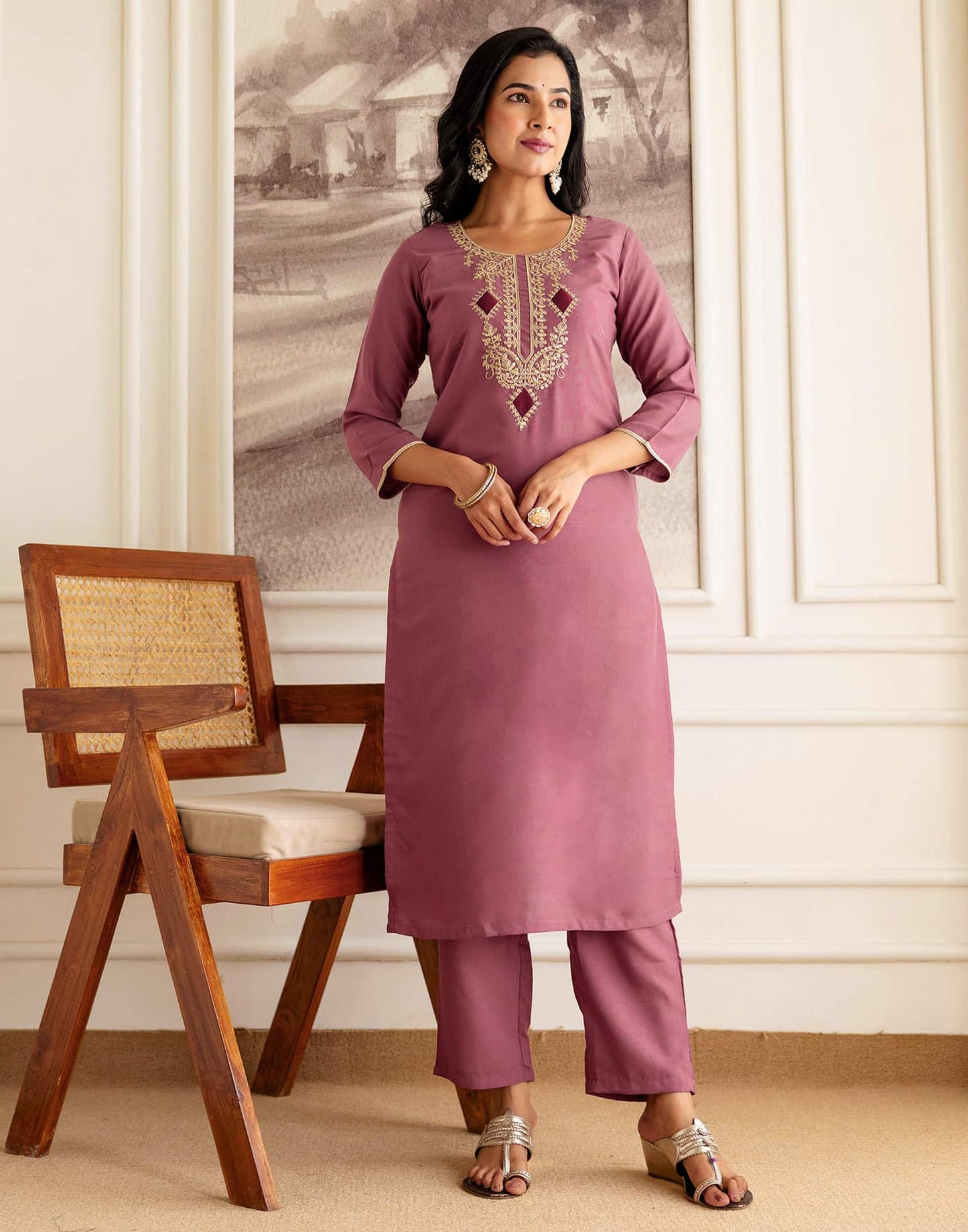 Silk Embroidered Straight Kurta with Pant & Dupatta