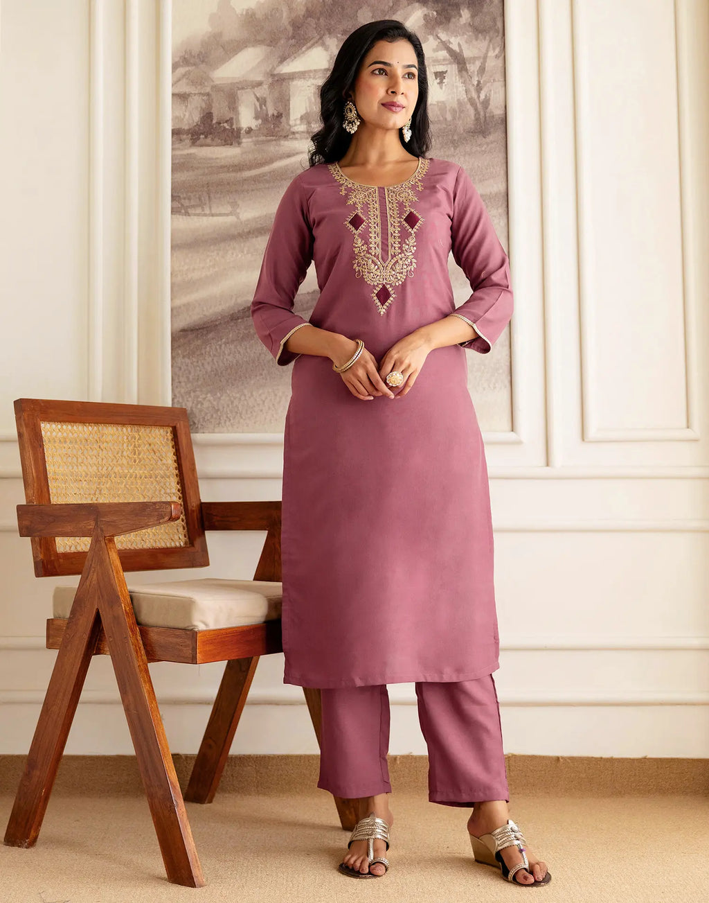 Silk Blend Embroidered Straight 3 Piece Kurta Set