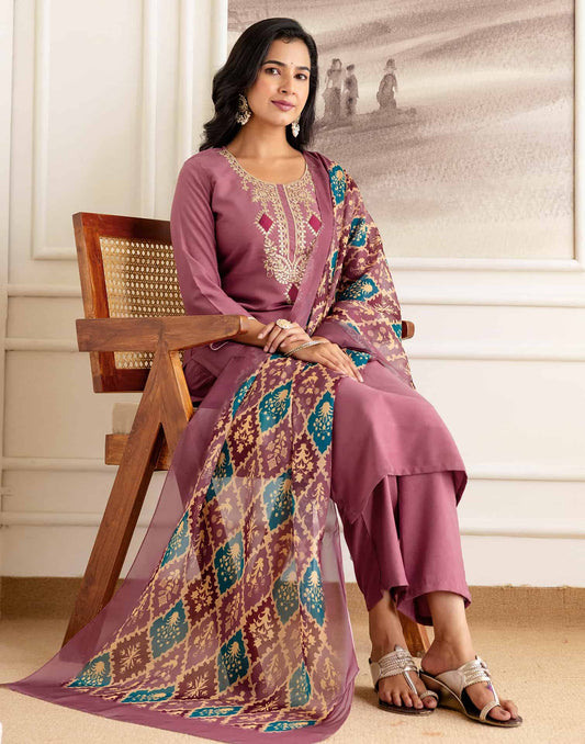 Silk Embroidered Straight Kurta with Pant & Dupatta