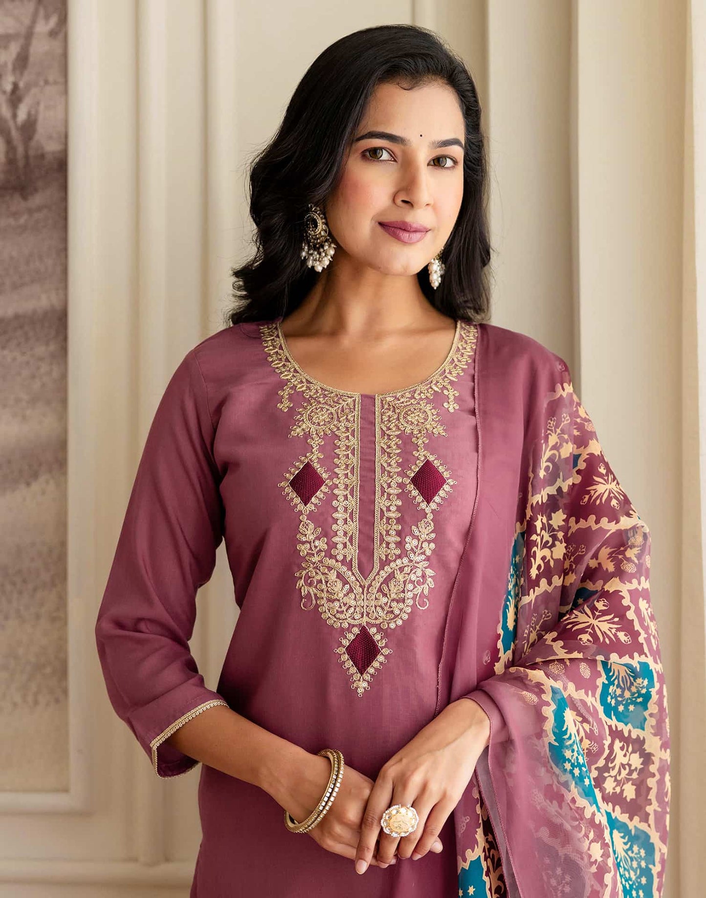Silk Embroidered Straight Kurta with Pant & Dupatta