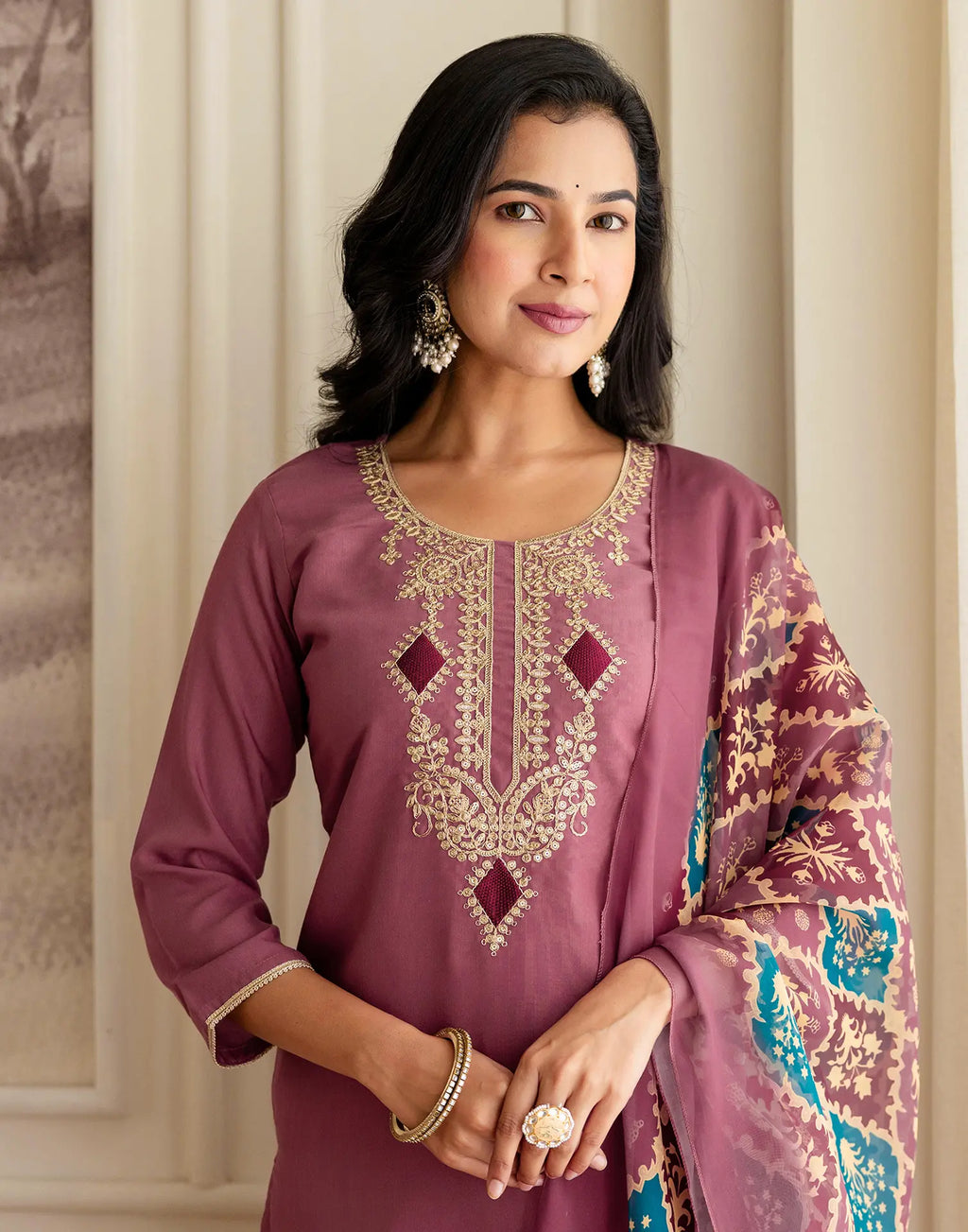 Silk Blend Embroidered Straight 3 Piece Kurta Set