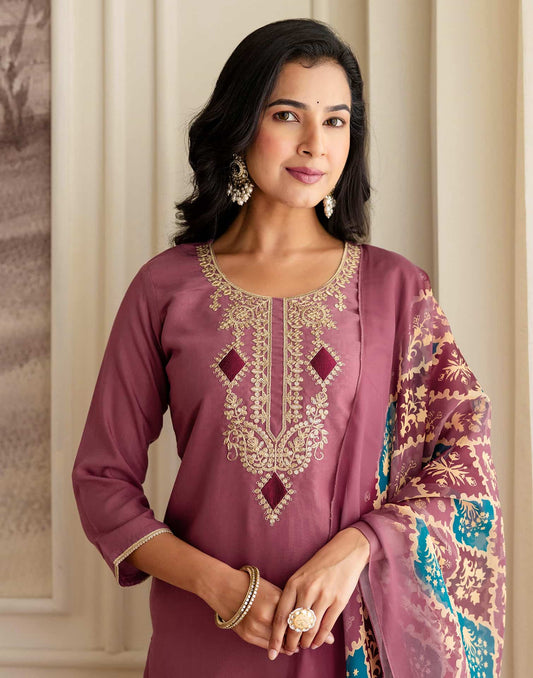 Silk Embroidered Straight Kurta with Pant & Dupatta