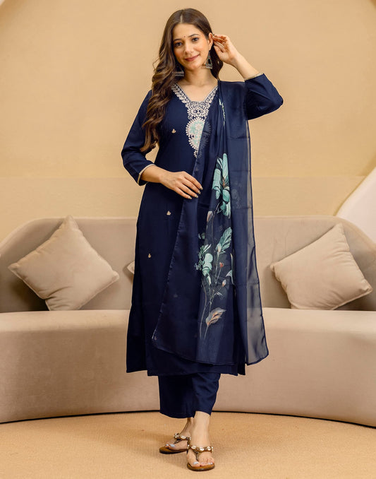 Rayon Embroidered Straight Kurta with Pant & Dupatta