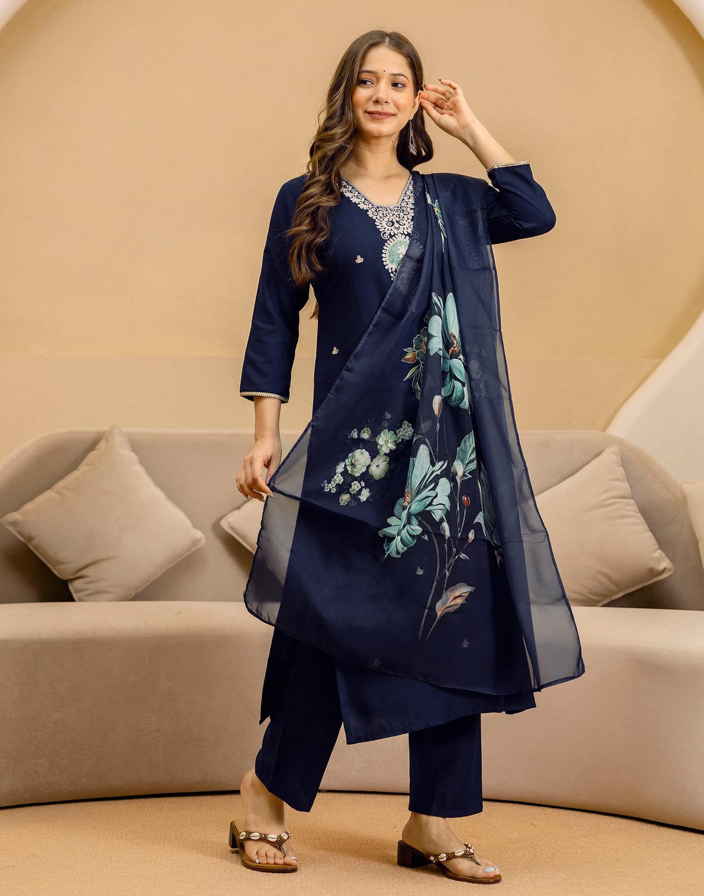Rayon Embroidered Straight Kurta with Pant & Dupatta