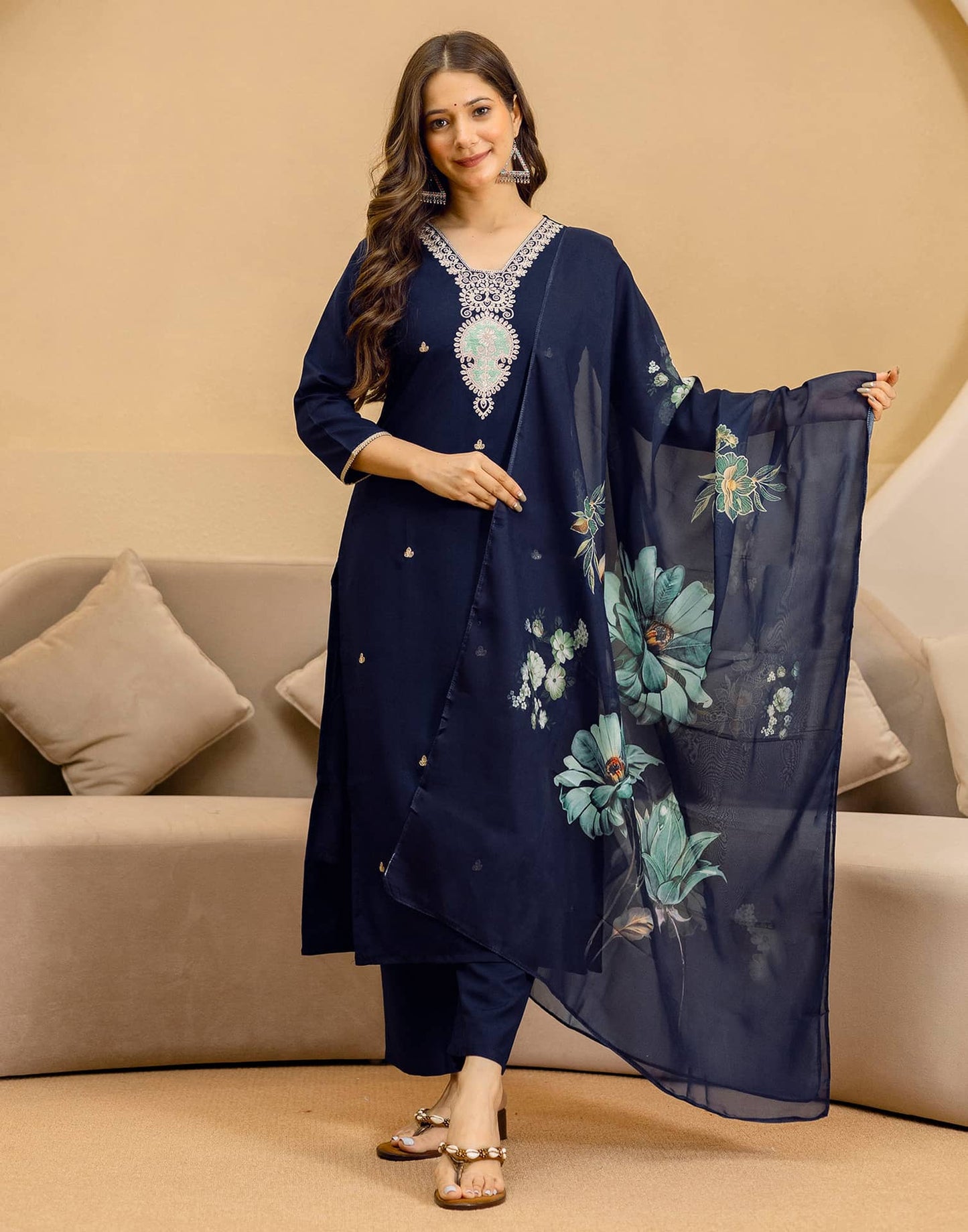 Rayon Embroidered Straight Kurta with Pant & Dupatta