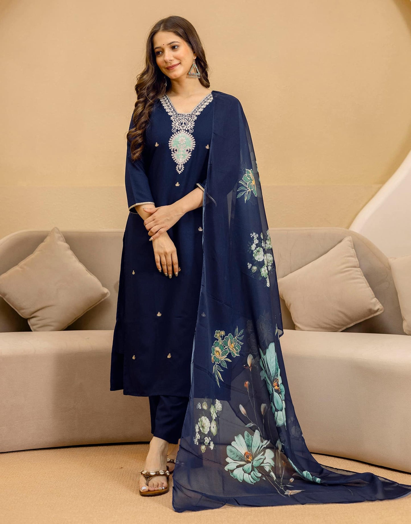 Rayon Embroidered Straight Kurta with Pant & Dupatta