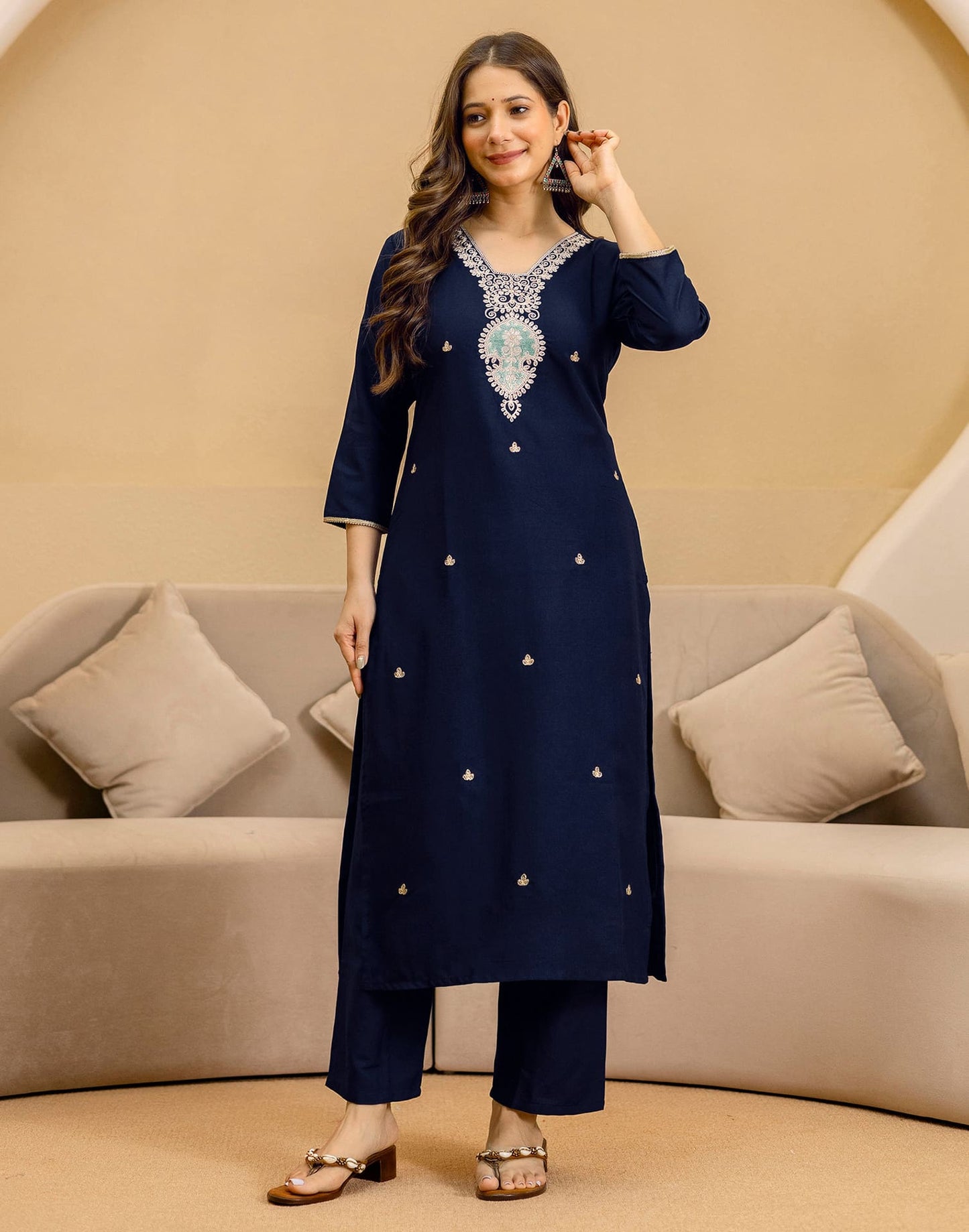 Rayon Embroidered Straight Kurta with Pant & Dupatta