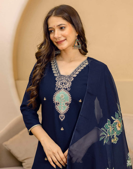 Rayon Embroidered Straight Kurta with Pant & Dupatta