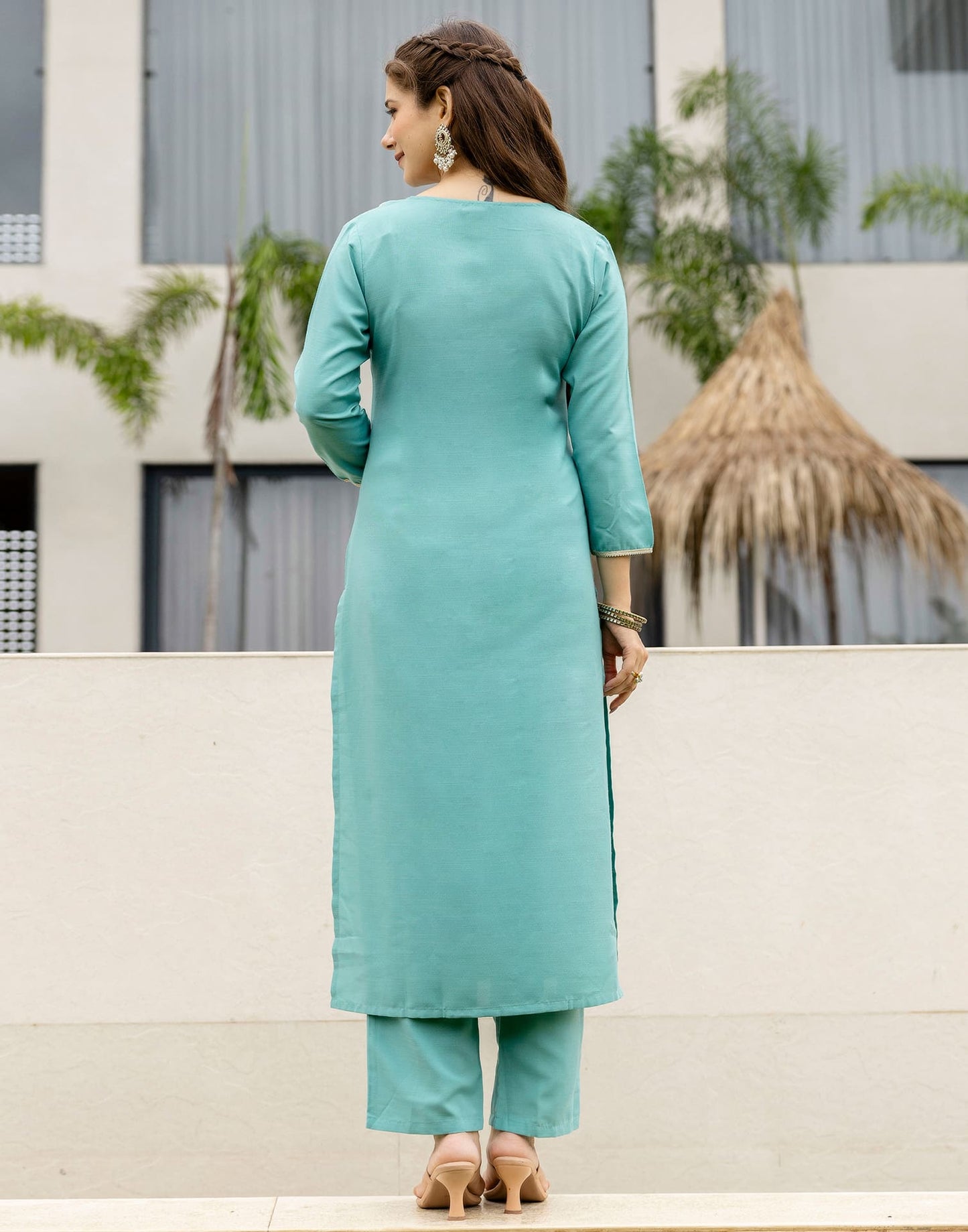 Cotton Slub Straight Embroidery V-Neck Kurta with Pant & Dupatta