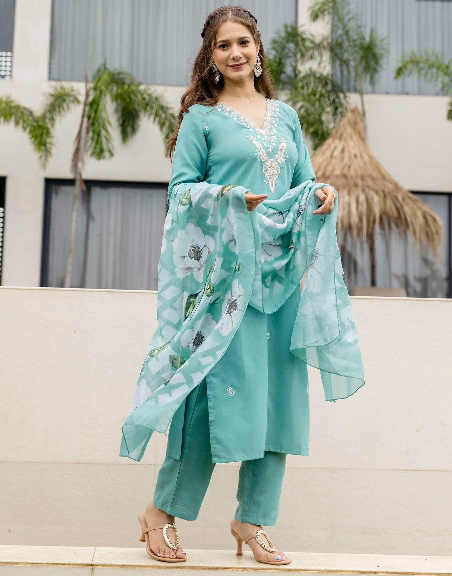 Cotton Slub Straight Embroidery V-Neck Kurta with Pant & Dupatta