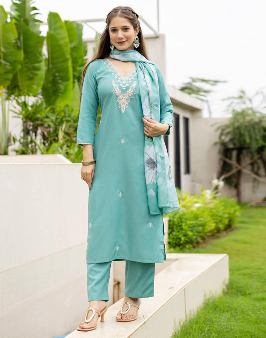 Cotton Slub Straight Embroidery V-Neck Kurta with Pant & Dupatta