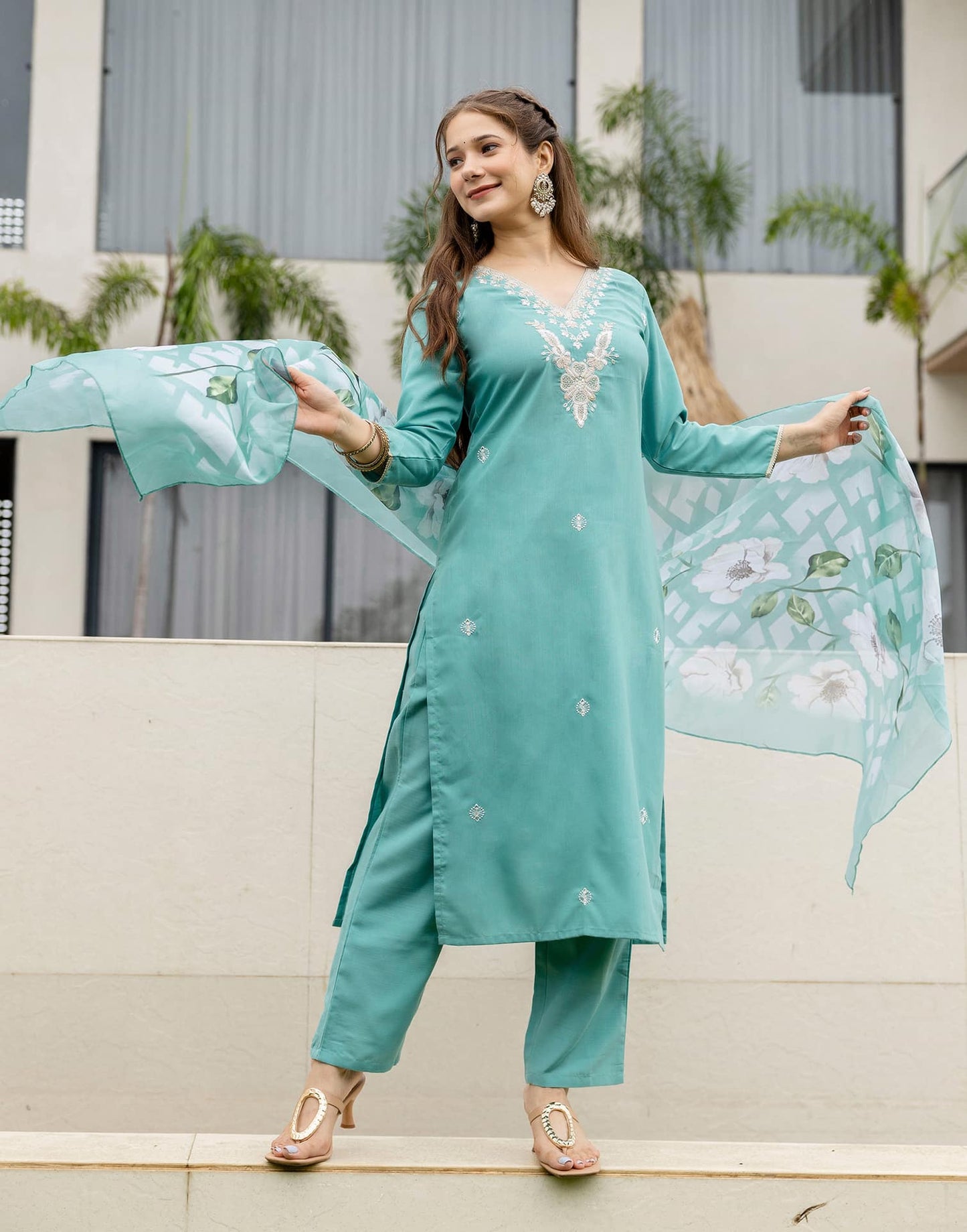 Cotton Slub Straight Embroidery V-Neck Kurta with Pant & Dupatta
