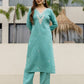 Cotton Slub Straight Embroidery V-Neck Kurta with Pant & Dupatta