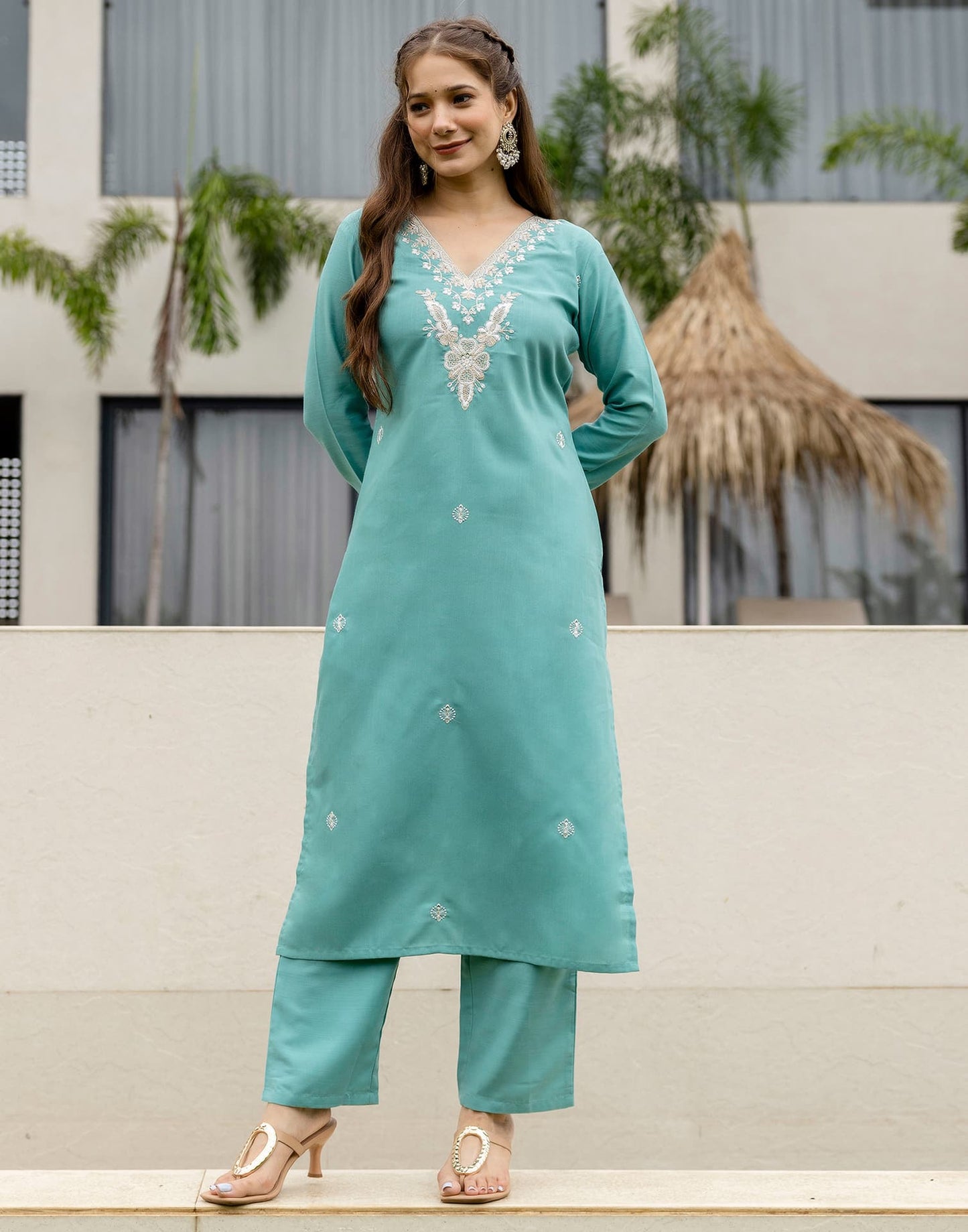 Cotton Slub Straight Embroidery V-Neck Kurta with Pant & Dupatta
