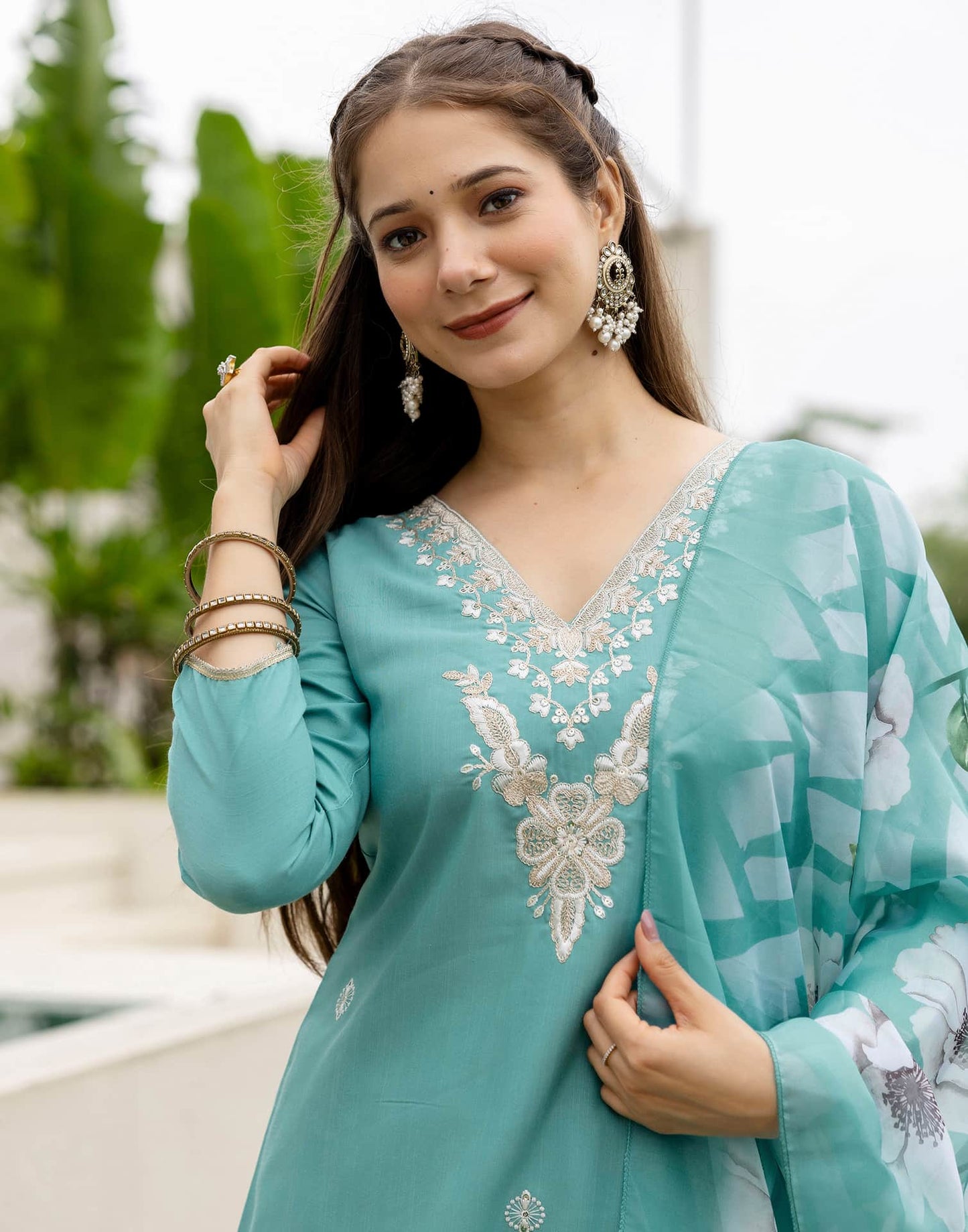 Cotton Slub Straight Embroidery V-Neck Kurta with Pant & Dupatta