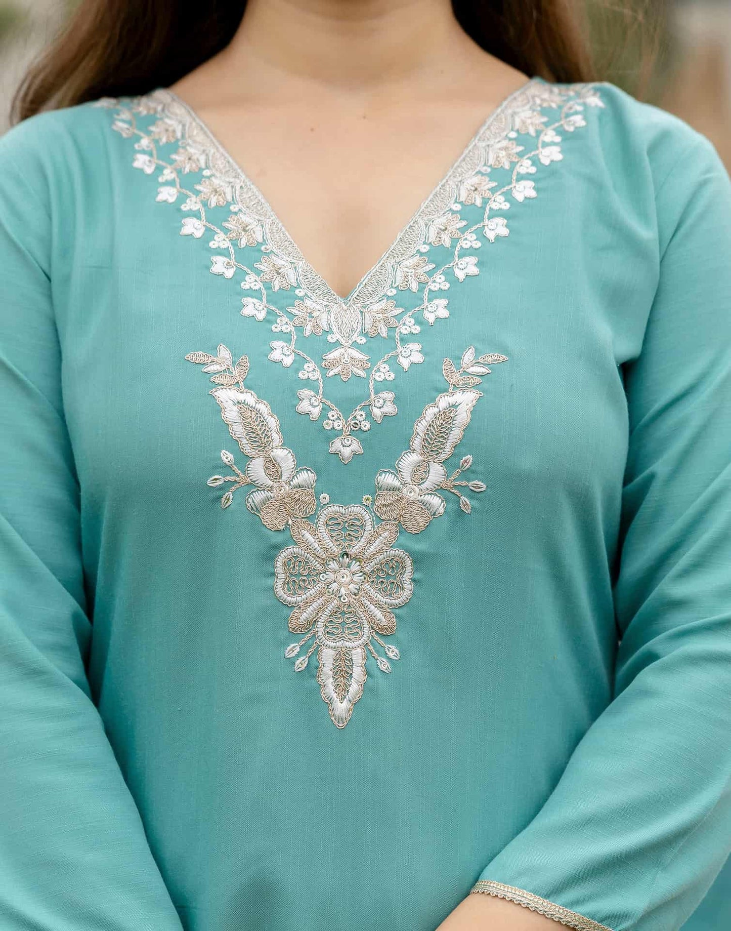 Cotton Slub Straight Embroidery V-Neck Kurta with Pant & Dupatta