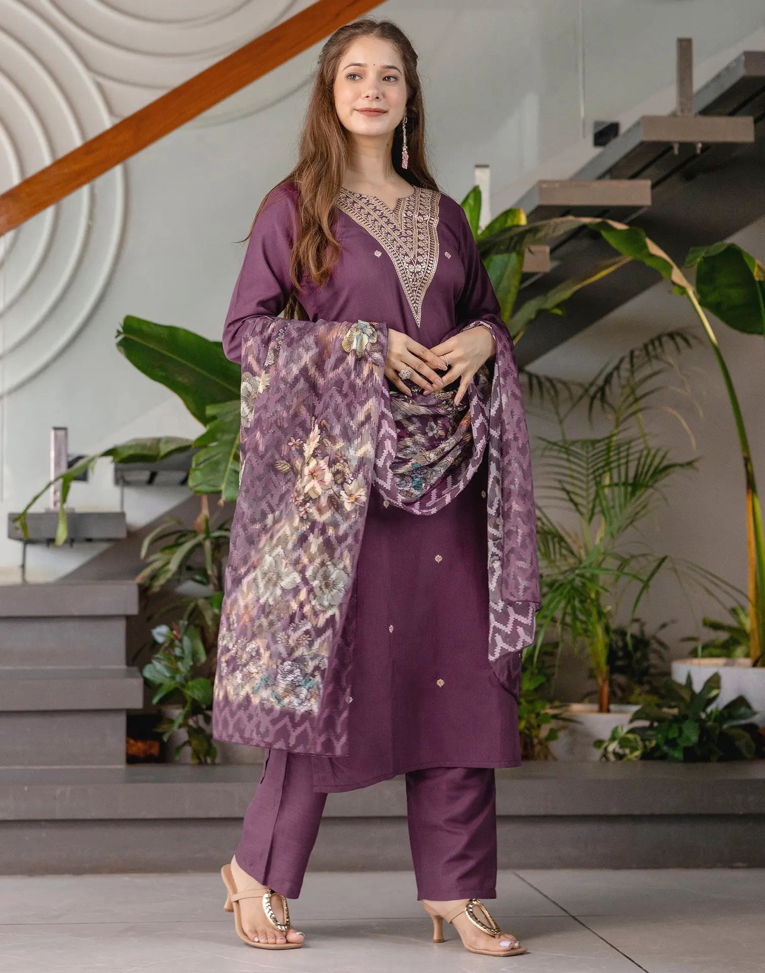 Cotton Blend Embroidered Straight 3 Piece Kurta Set